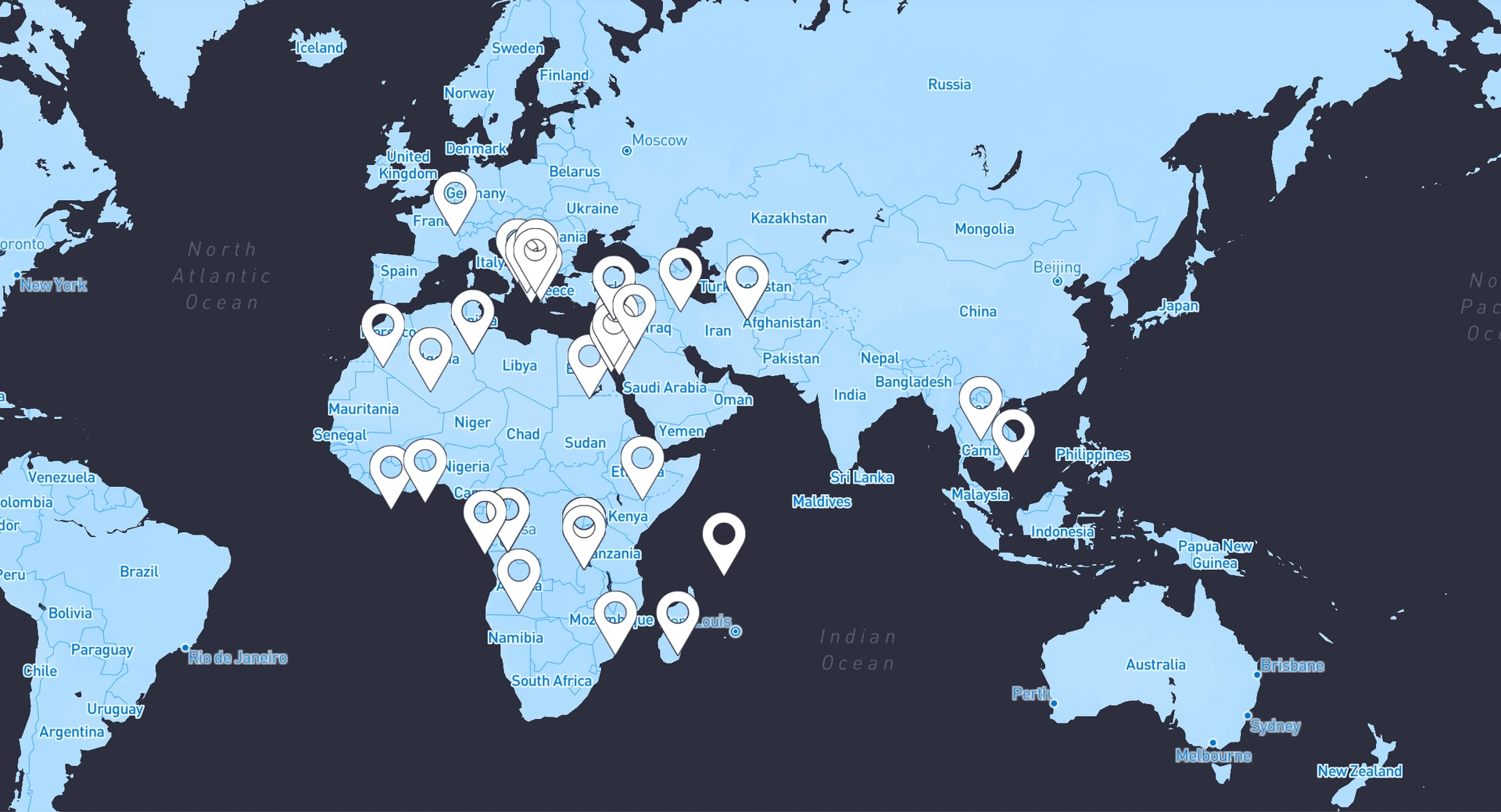 Carte du monde évoquant le réseau international de PPMGL Consulting et Belgian Bankers Academy.