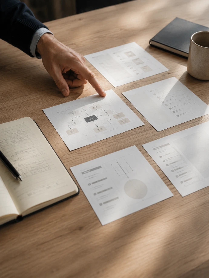Table de travail avec documents organisationnels et main pointant des éléments à clarifier